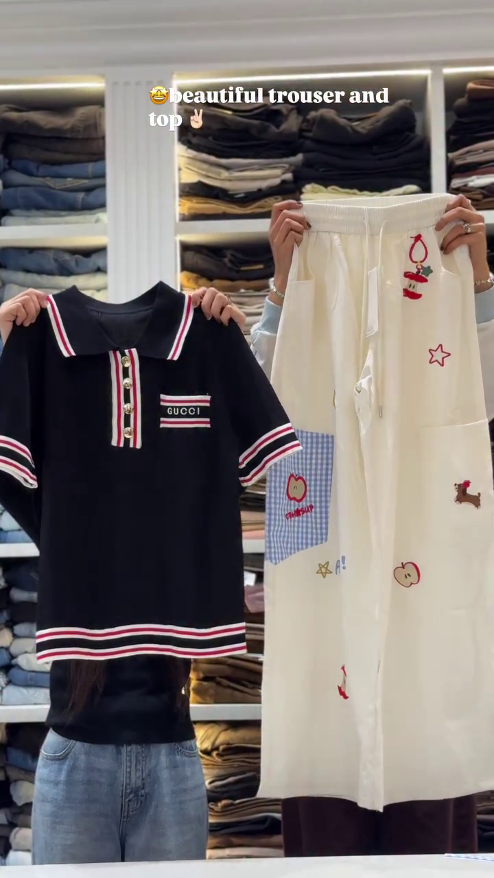 Playful Printed White Trousers with Classic Black Polo Top