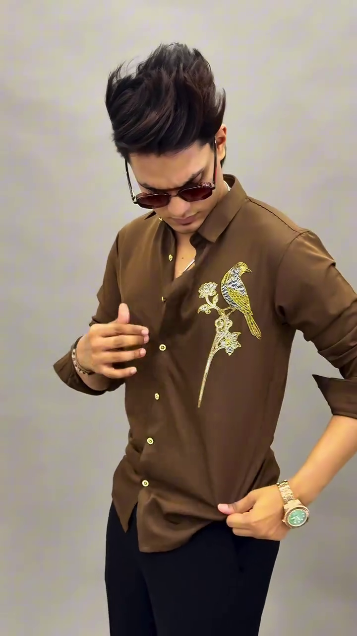 Designer Brown Bird Embroidery Shirt