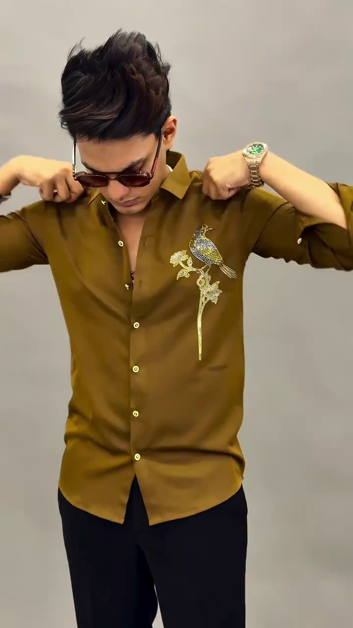 Designer Brown Bird Embroidery Shirt