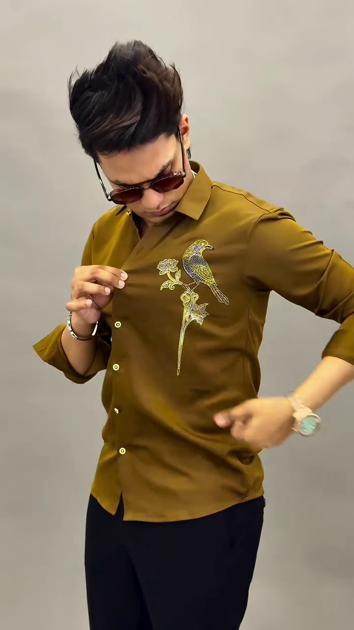 Designer Brown Bird Embroidery Shirt