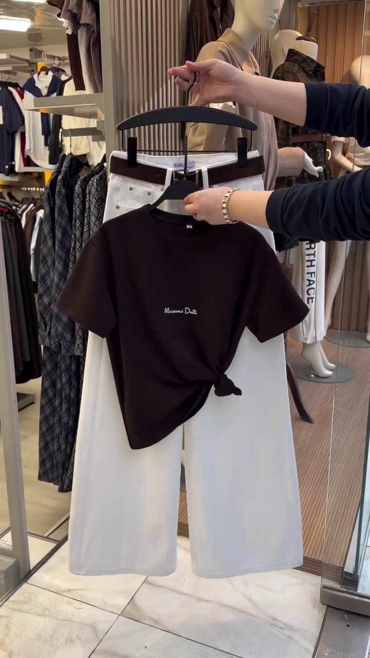 Brown Tee & White Wide-Leg Pants