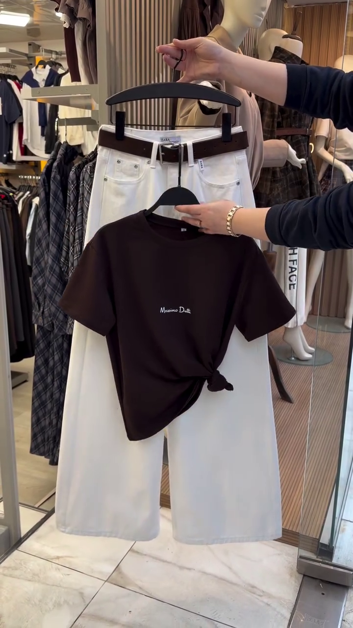 Brown Tee & White Wide-Leg Pants