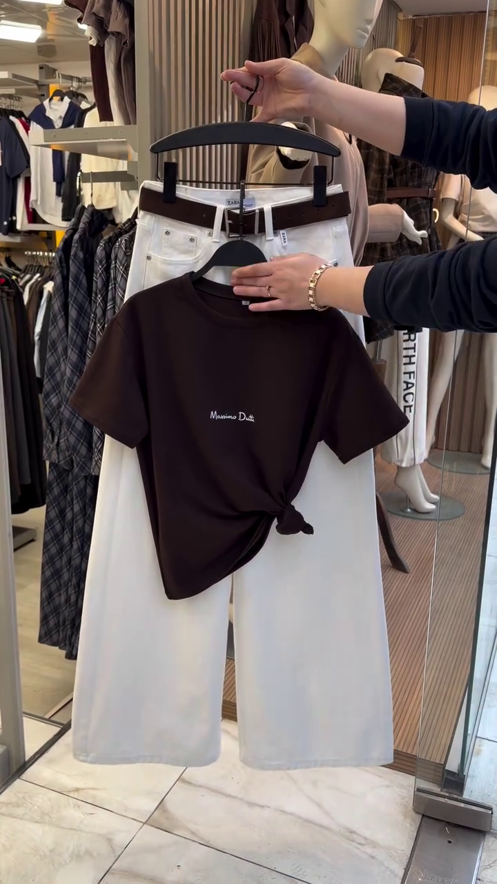 Brown Tee & White Wide-Leg Pants