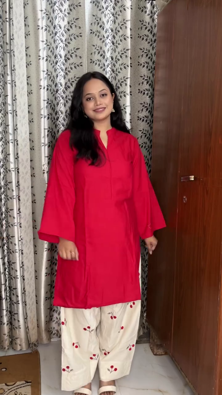 Classic Red Kurta with Printed Pants