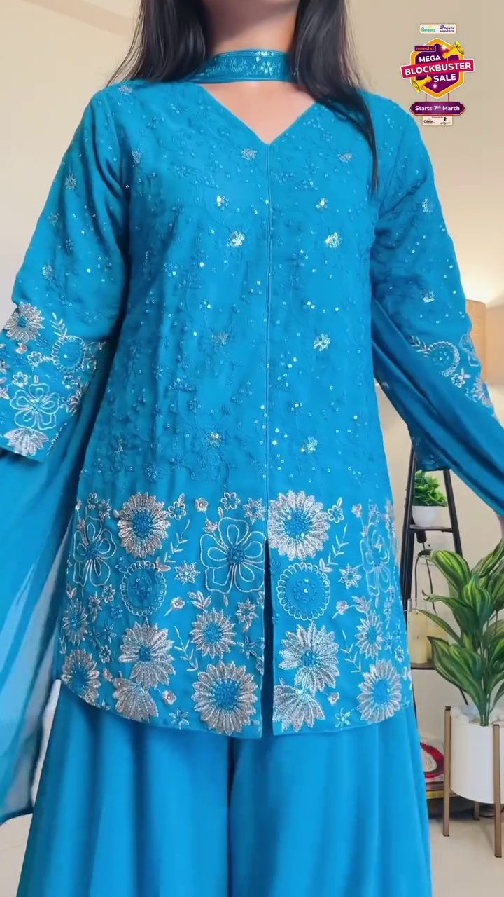 Sky Blue Embroidered Sharara Suit