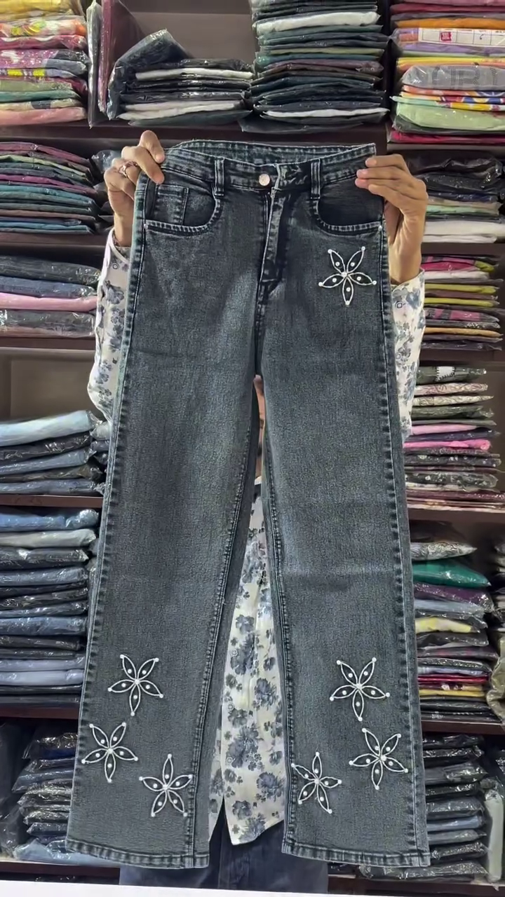 Grey Embellished Designer Denim