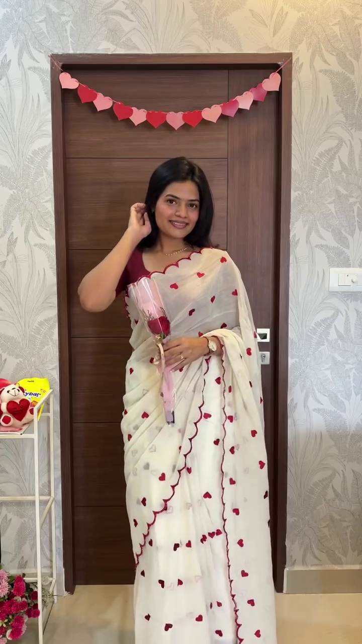 White Heart Print Designer Saree