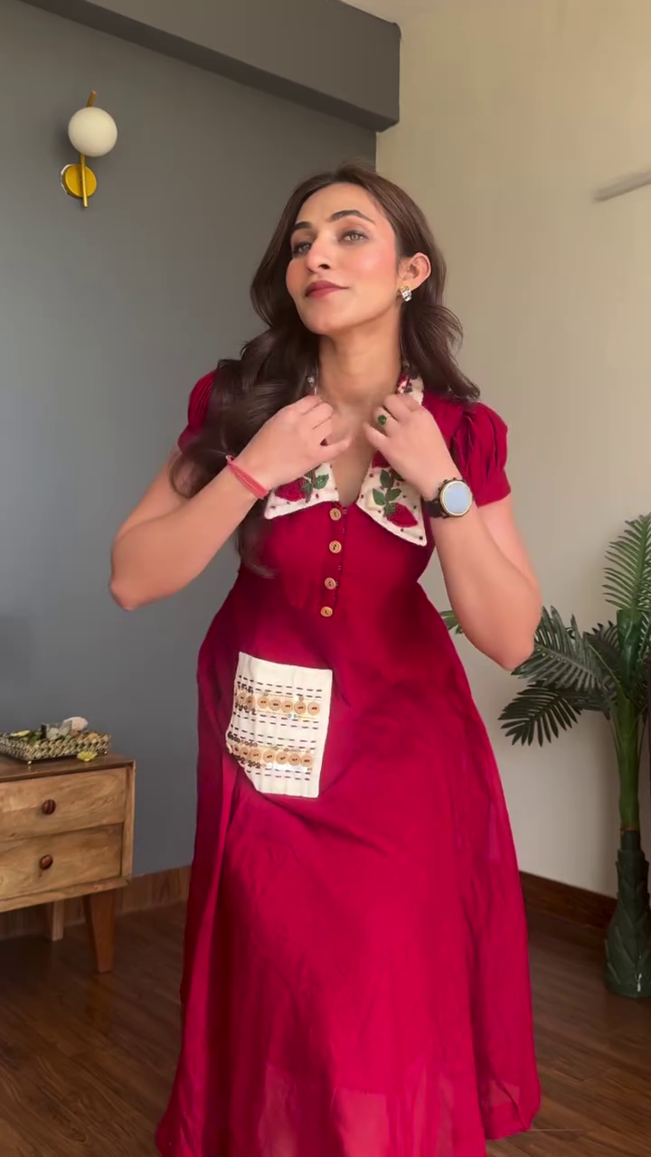 Vintage Collar Embroidered Red Dress