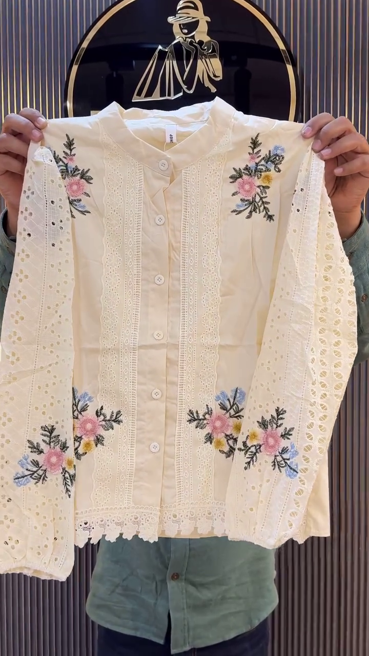 Elegant Ivory Floral Embroidered Shirt
