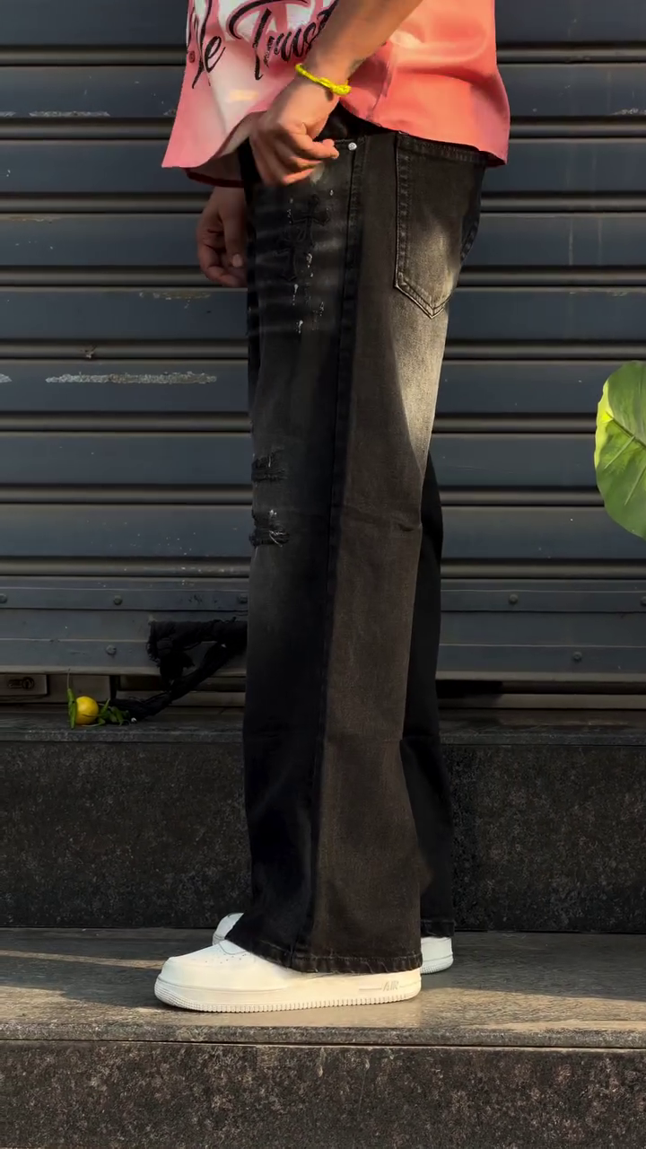 Urban Black Distressed Wide-Leg Jeans