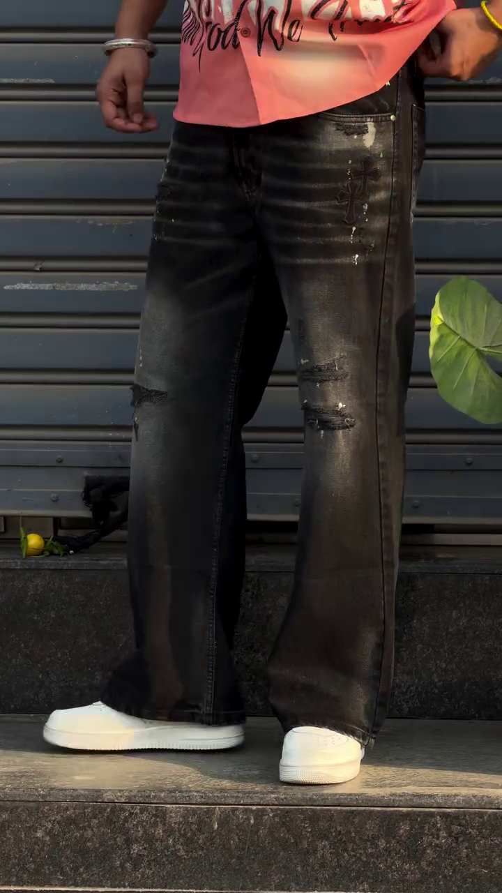 Urban Black Distressed Wide-Leg Jeans