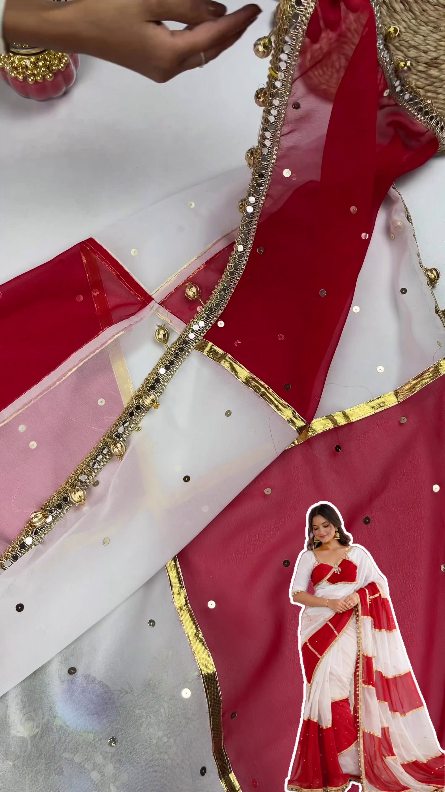 White & Red Designer Saree Blouse Set