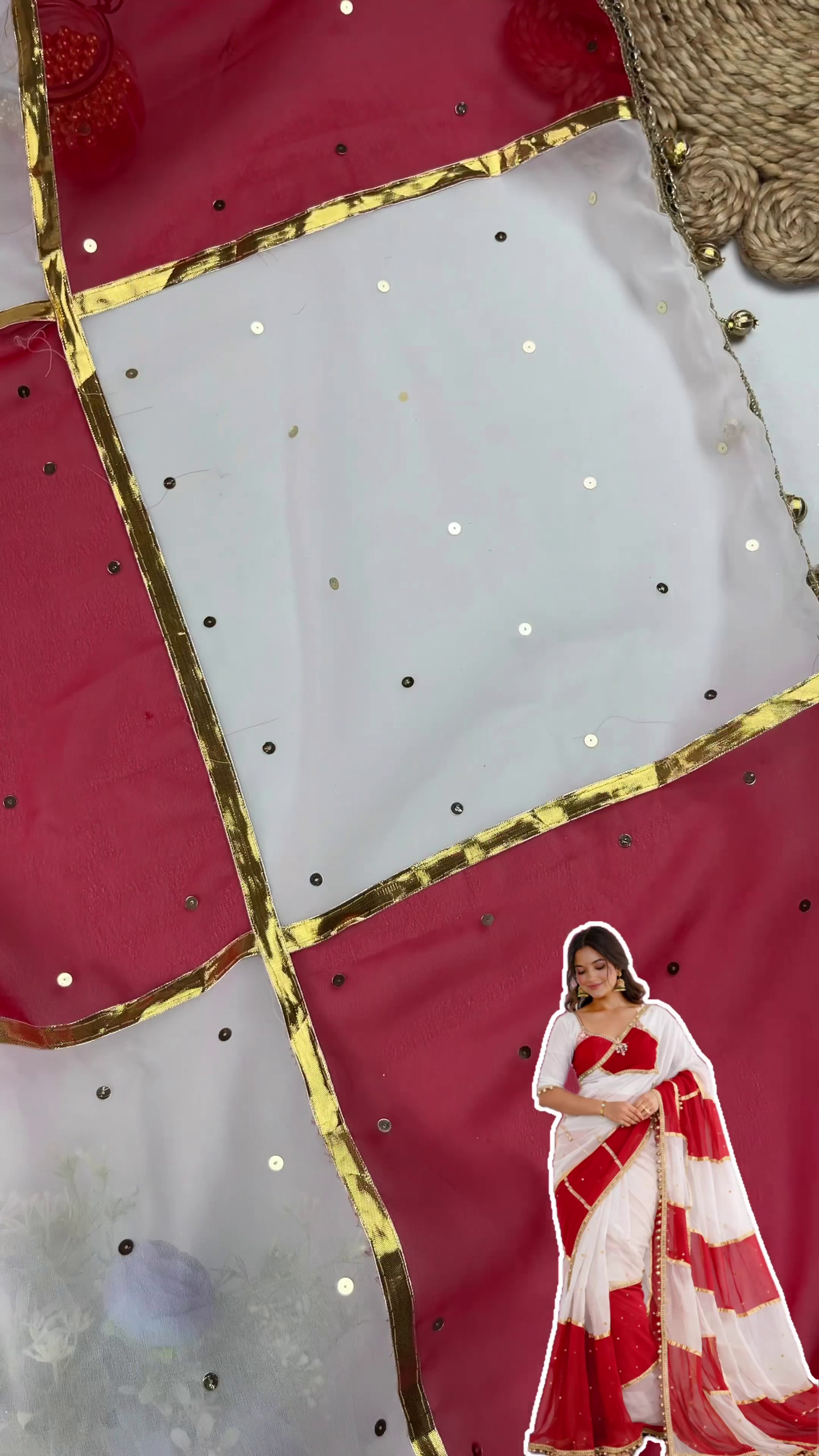 White & Red Designer Saree Blouse Set