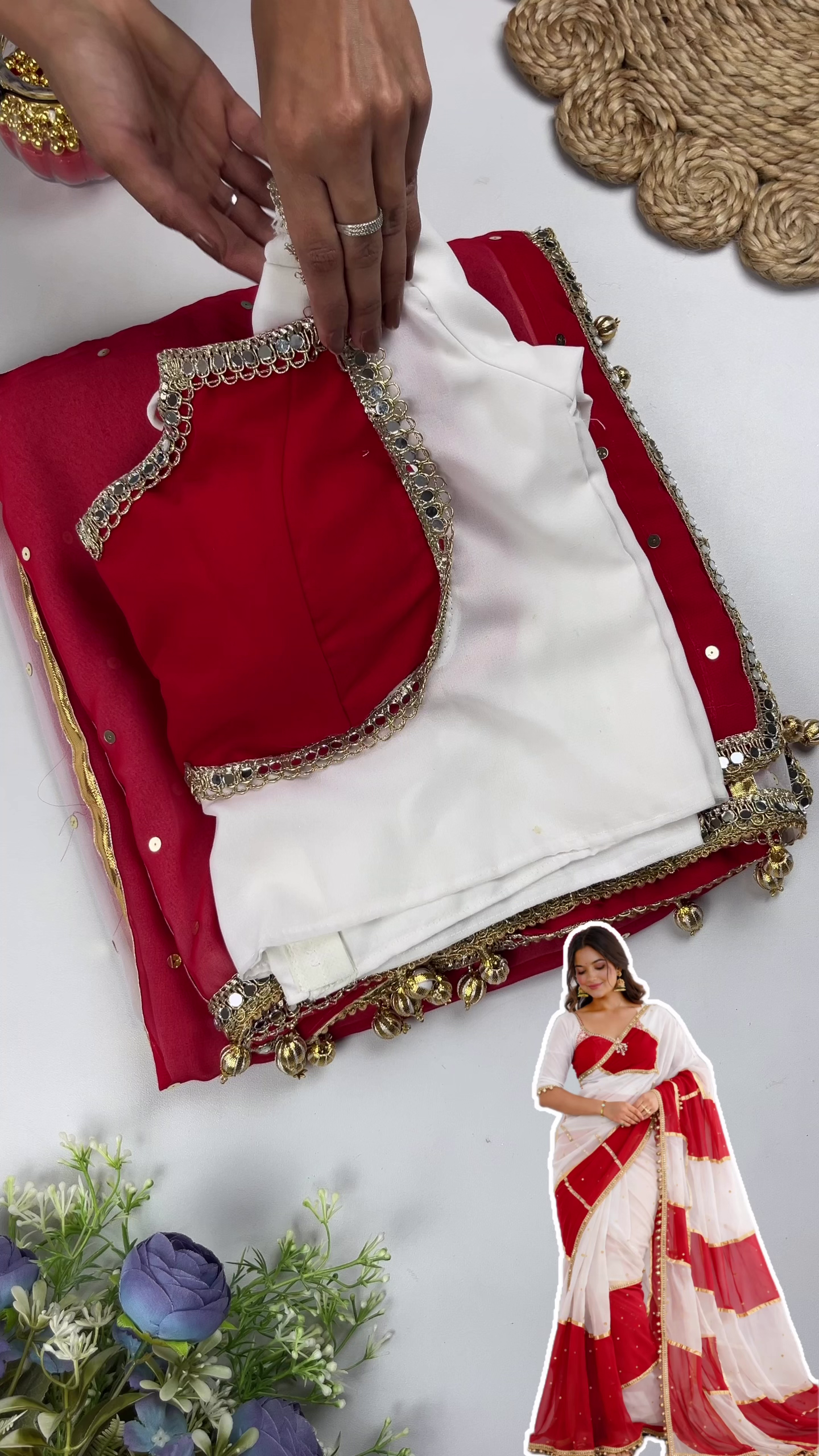 White & Red Designer Saree Blouse Set