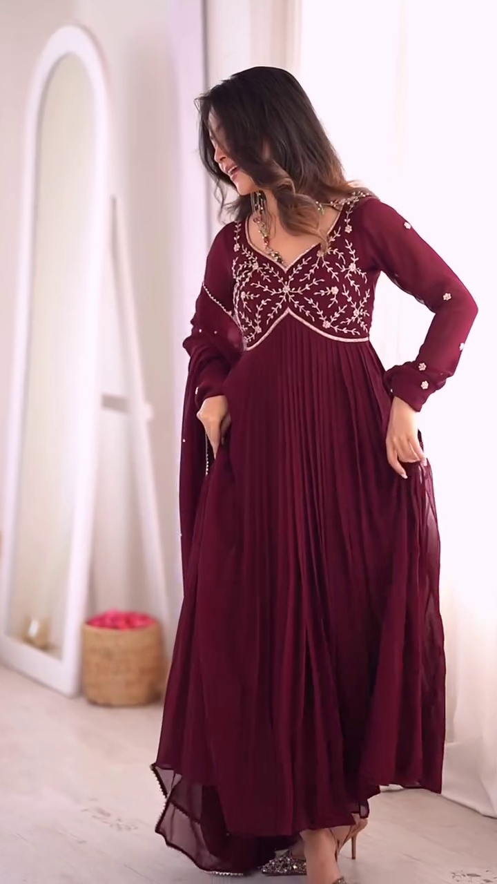 Wine Embroidered Anarkali Dress