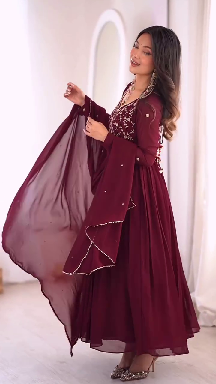 Wine Embroidered Anarkali Dress