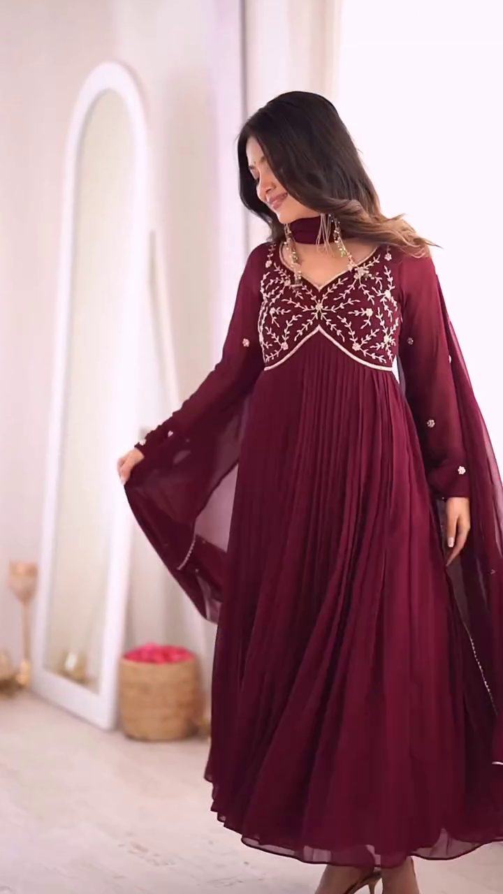 Wine Embroidered Anarkali Dress