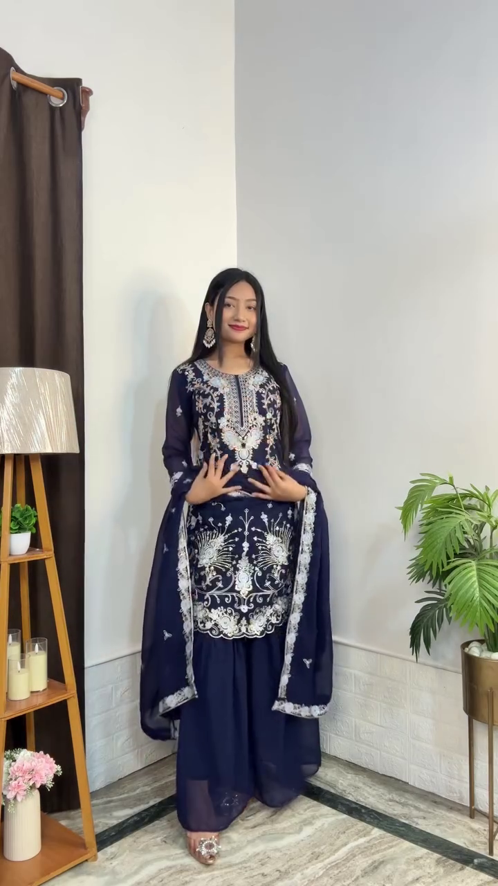 Navy Blue Embroidered Suit Set