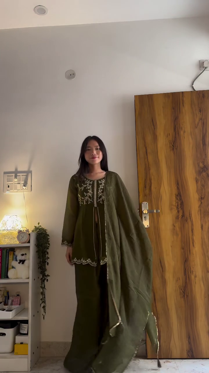 Olive Green Embroidered Suit Set