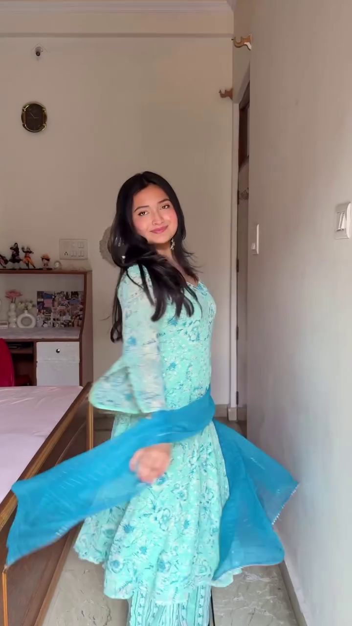 Aqua Floral Anarkali Set