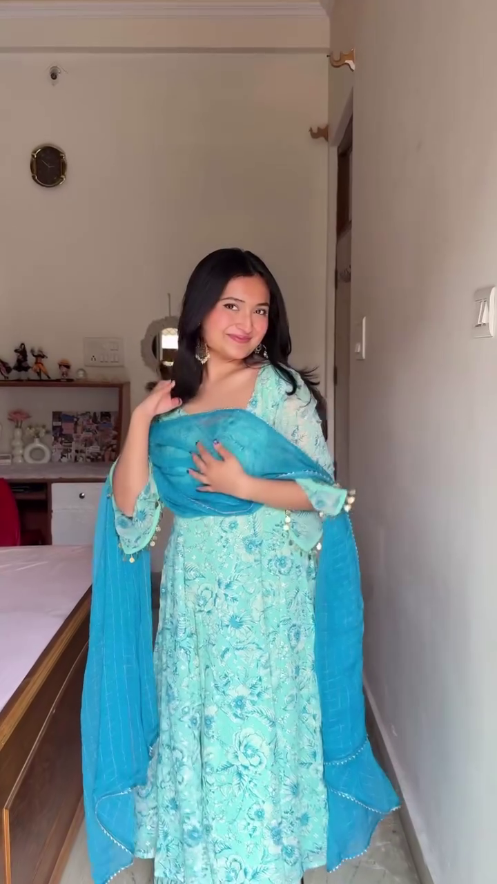 Aqua Floral Anarkali Set