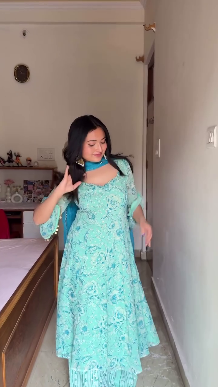 Aqua Floral Anarkali Set