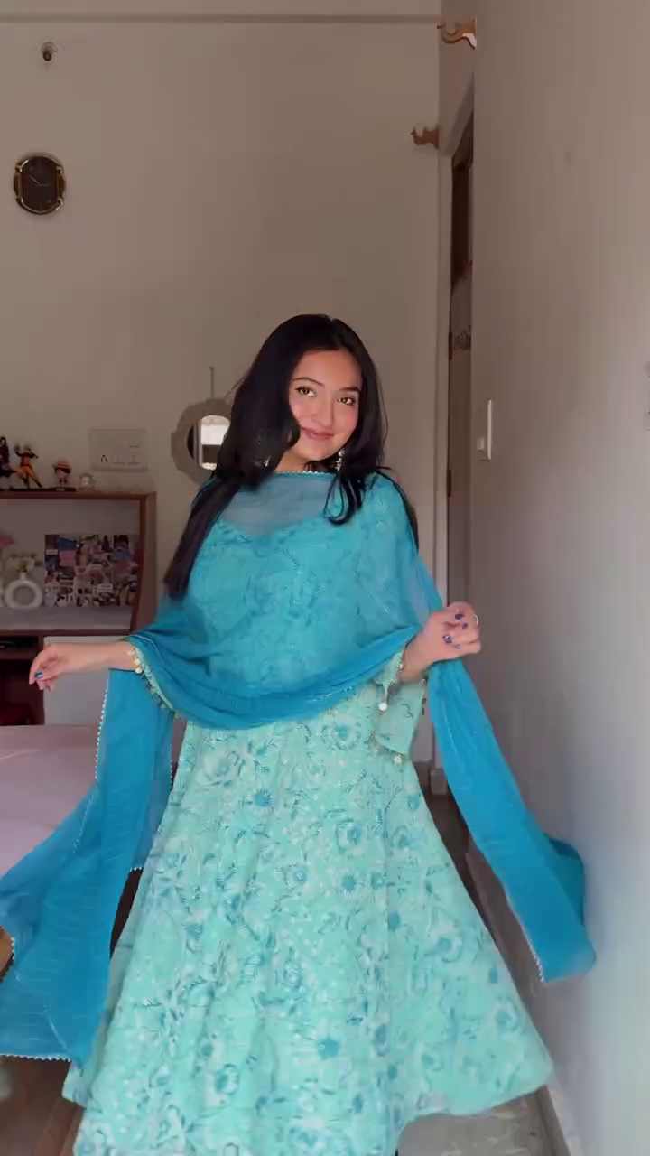 Aqua Floral Anarkali Set