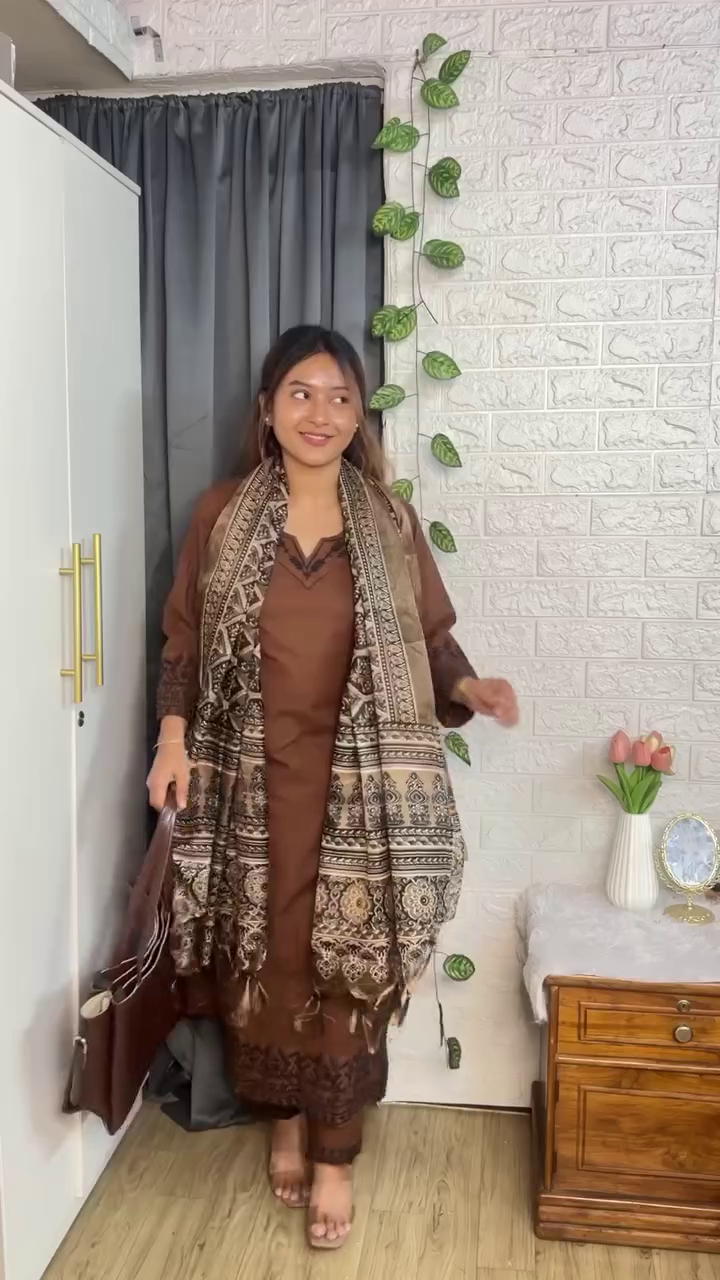 Brown Printed Kurti Set with Dupatta