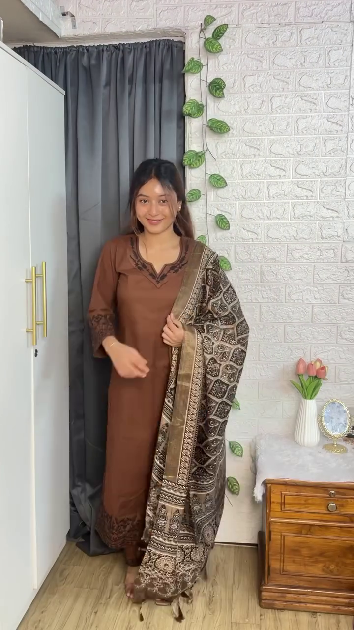 Brown Printed Kurti Set with Dupatta
