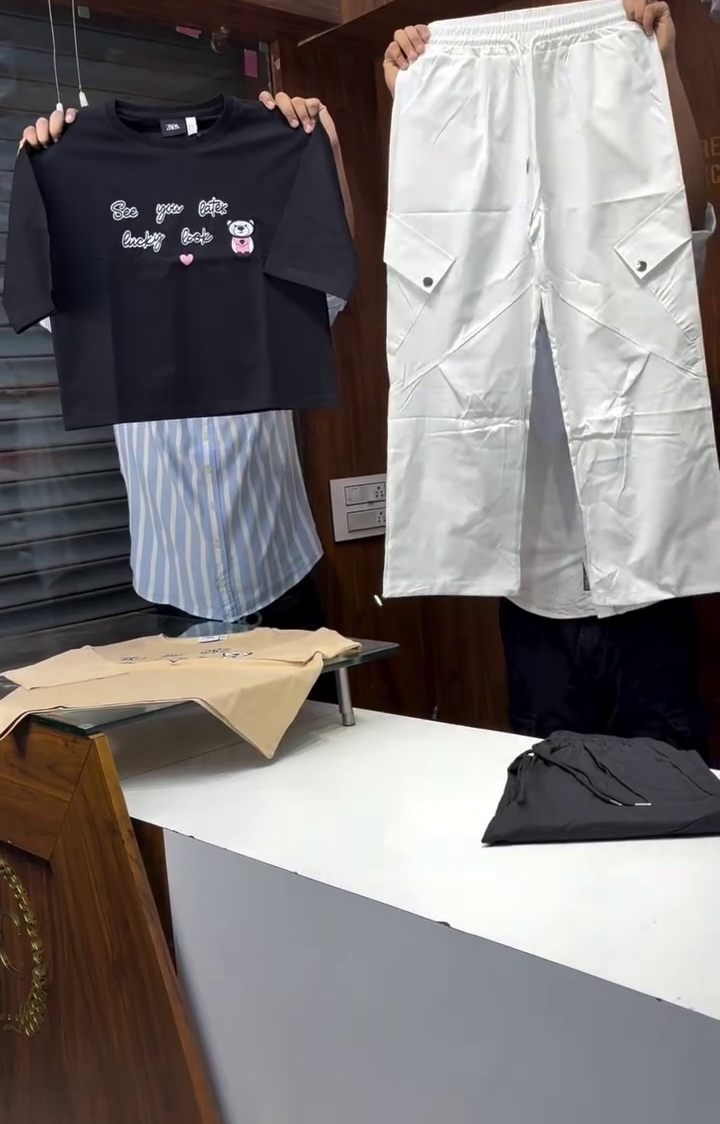 Cute Bear Graphic Tee & Cargo Pants Set