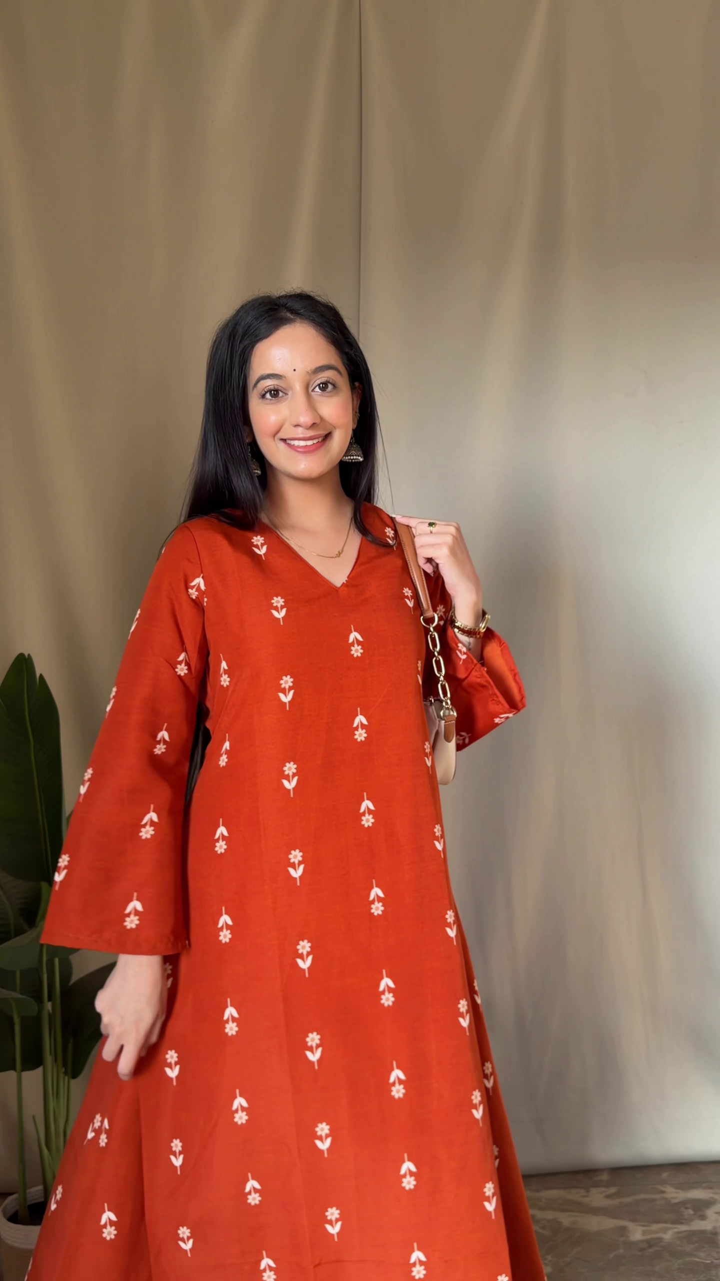 Rust Floral A-Line Kurta