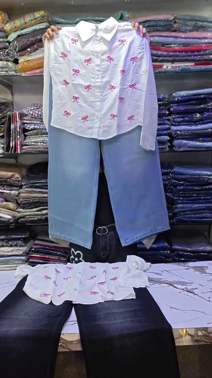 Bow Detail Shirt & Denim Set