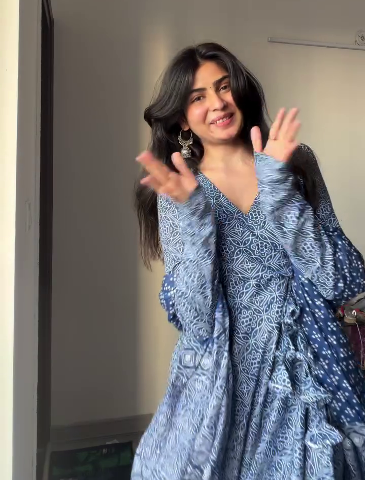 Elegant Blue Printed Anarkali Dress