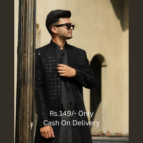 Black Designer Suit with Embellished Shawl