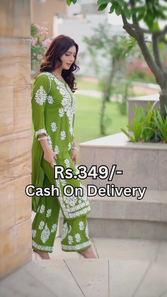 New LUCKNOW CHIKANKARI EXCLUSIVE KURTI_PENT PAIR DESIGN (Dark Green)