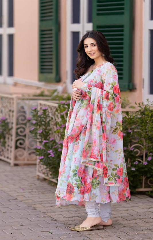 Floral Multi-coloured Printed Gown With Dupatta And Bottom Set