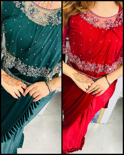 DARK GREEN AND BEAUTIFUL RED SAREE EMBROIDERED YOKE WITH FULL STITCHED BLOUSE