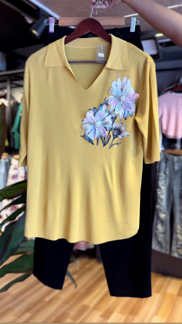 Golden Bloom – Mustard Polo Tee with Hand-Painted Floral Accent & Black Pants
