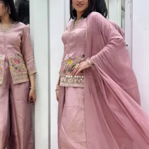 Dusty Rose Embroidered Kurta Set – Elegant Floral Threadwork with Palazzo & Dupatta