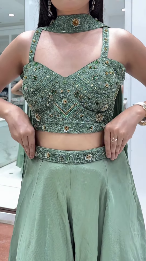 🌿 Ethereal Sage Green Embellished Crop Top & Flowing Palazzo Pants Set 💚 - Image 3