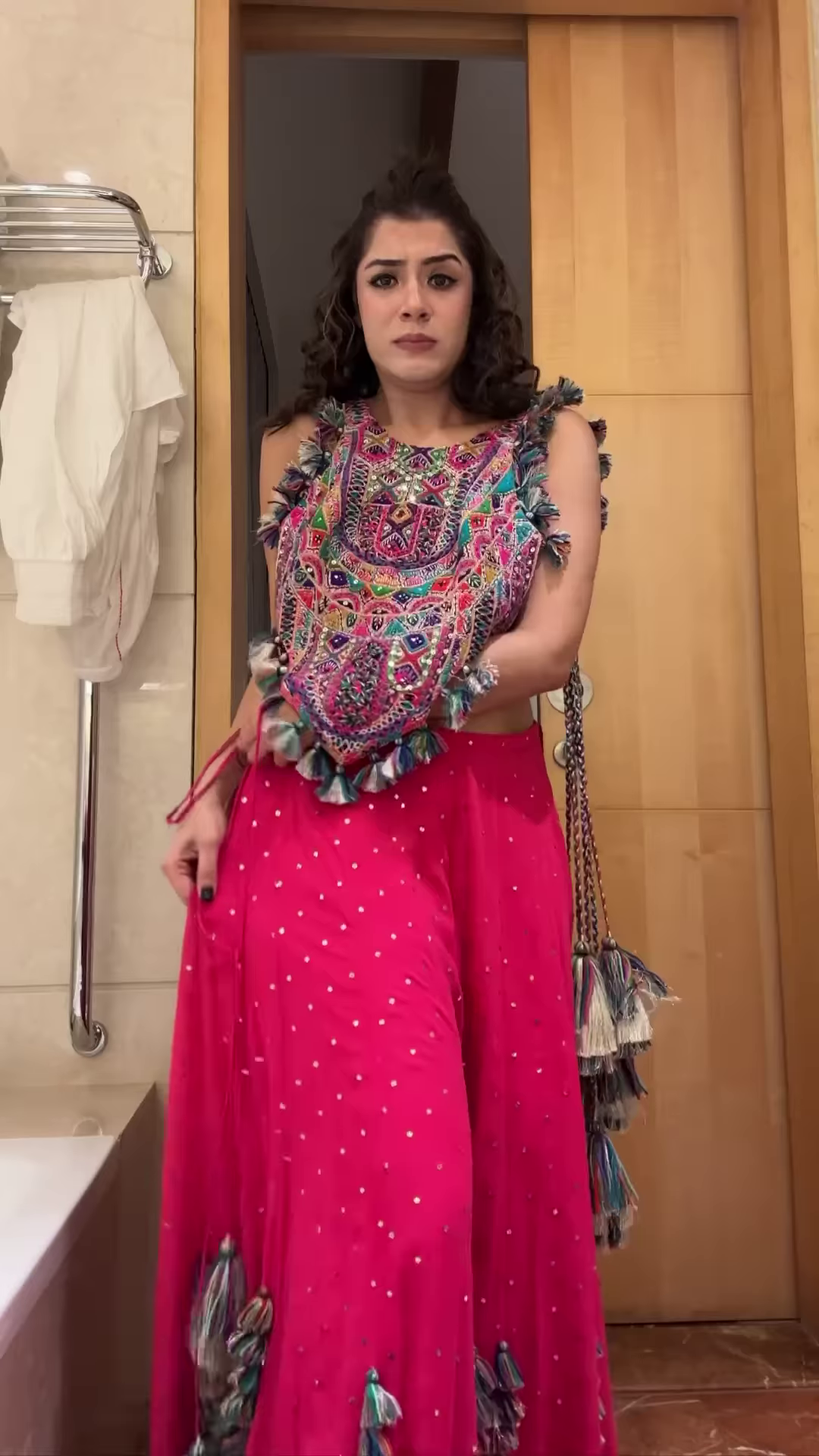 Mirror Work Tassel Embellished Crop Top & Sharara Set – Vibrant Navratri & Garba Look for Festive Nights - Image 4