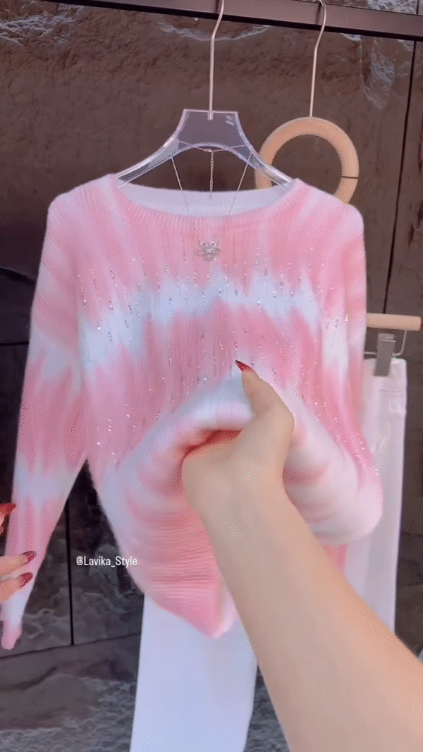 Title: Pink & White Tie-Dye Sweater – Cozy Glam with Shimmer Detailing - Image 4