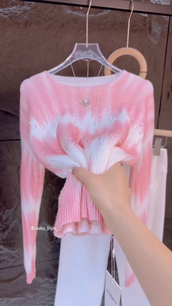 Title: Pink & White Tie-Dye Sweater – Cozy Glam with Shimmer Detailing - Image 3