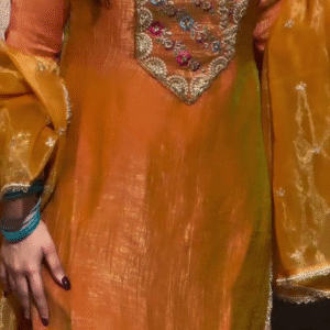 Premium shimmer tissue zari detailing suit set in orange