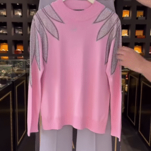 Women's Self Design Pink Round Neck Shoulder Stone Embroidered Sweater Top With Pant