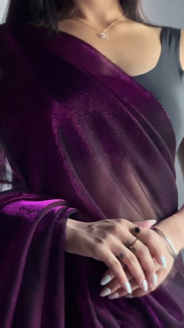 Chiffon Embellished Wine Saree with Unstitched Contrast Jacquard Blouse - Image 6