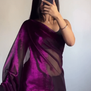 Chiffon Embellished Wine Saree with Unstitched Contrast Jacquard Blouse