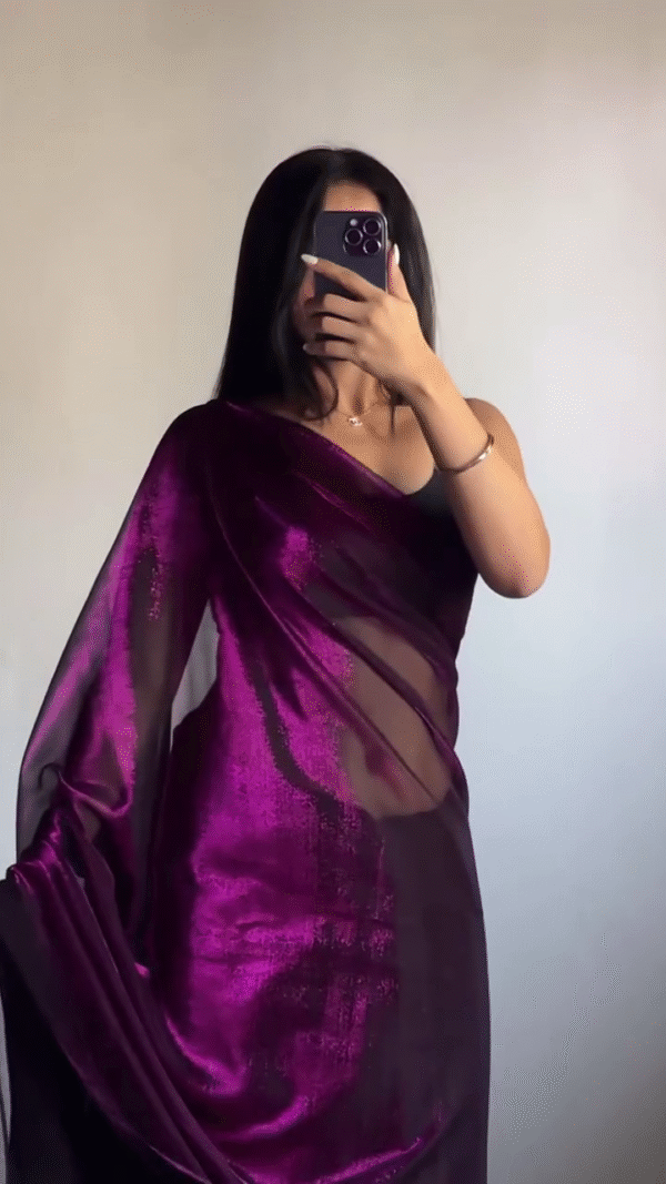 Chiffon Embellished Wine Saree with Unstitched Contrast Jacquard Blouse