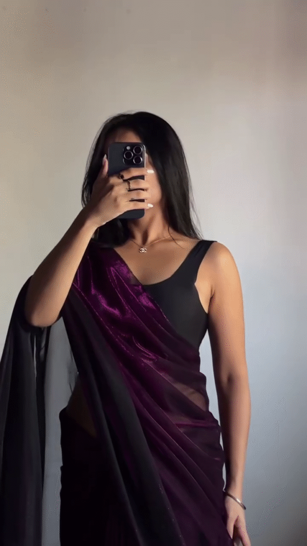 Chiffon Embellished Wine Saree with Unstitched Contrast Jacquard Blouse - Image 4
