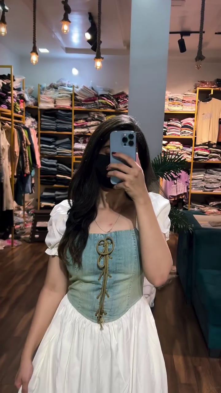 Denim Corset Style White Maxi Dress - Image 3